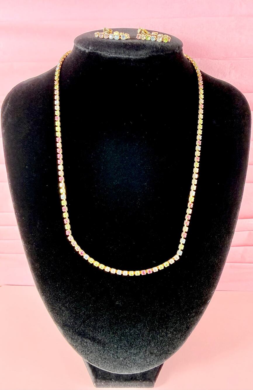 1980s Vintage Avon Multi Color Rhinestone Tennis 15" Necklace and Earring Set